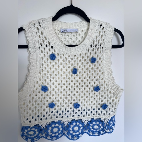 Gillet en maille Zara blanc et bleu fleuri - Picture 3 of 3